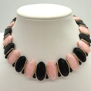 Vintage West Germany Pink Black Faceted Glass Statement Necklace Gold